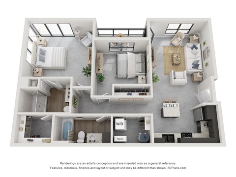 A 3D floor plan of a house with a living room, kitchen, and bathroom.